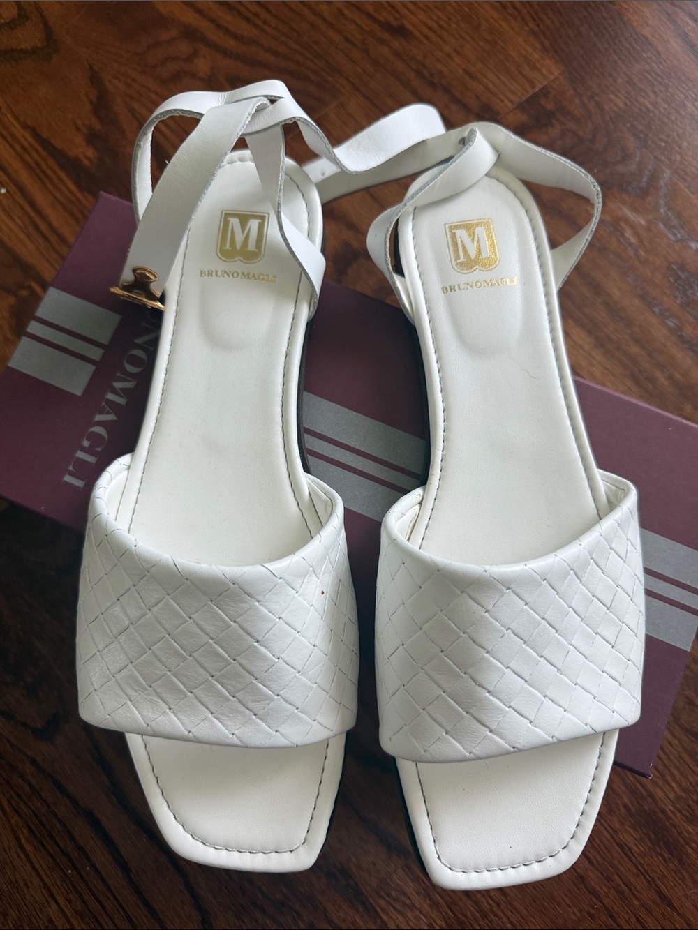 Bruno Magli White Woven Leather Slingback Sandals